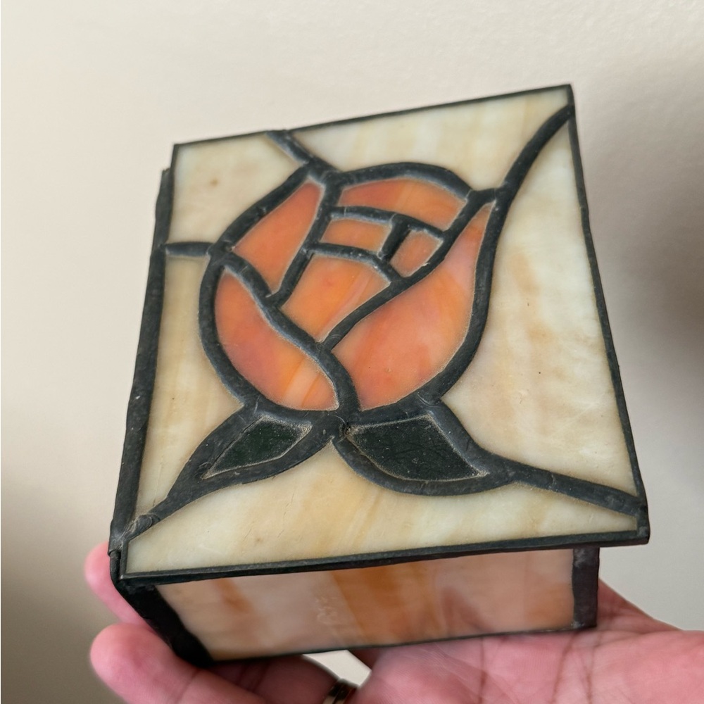 VTG Stained Glass Trinket Box Lovely Tiffany Style Orange Rose Flower 4.5x4” T
